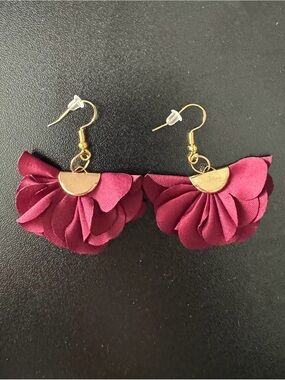 Gold-Accented Burgundy Floral Drop Earrings